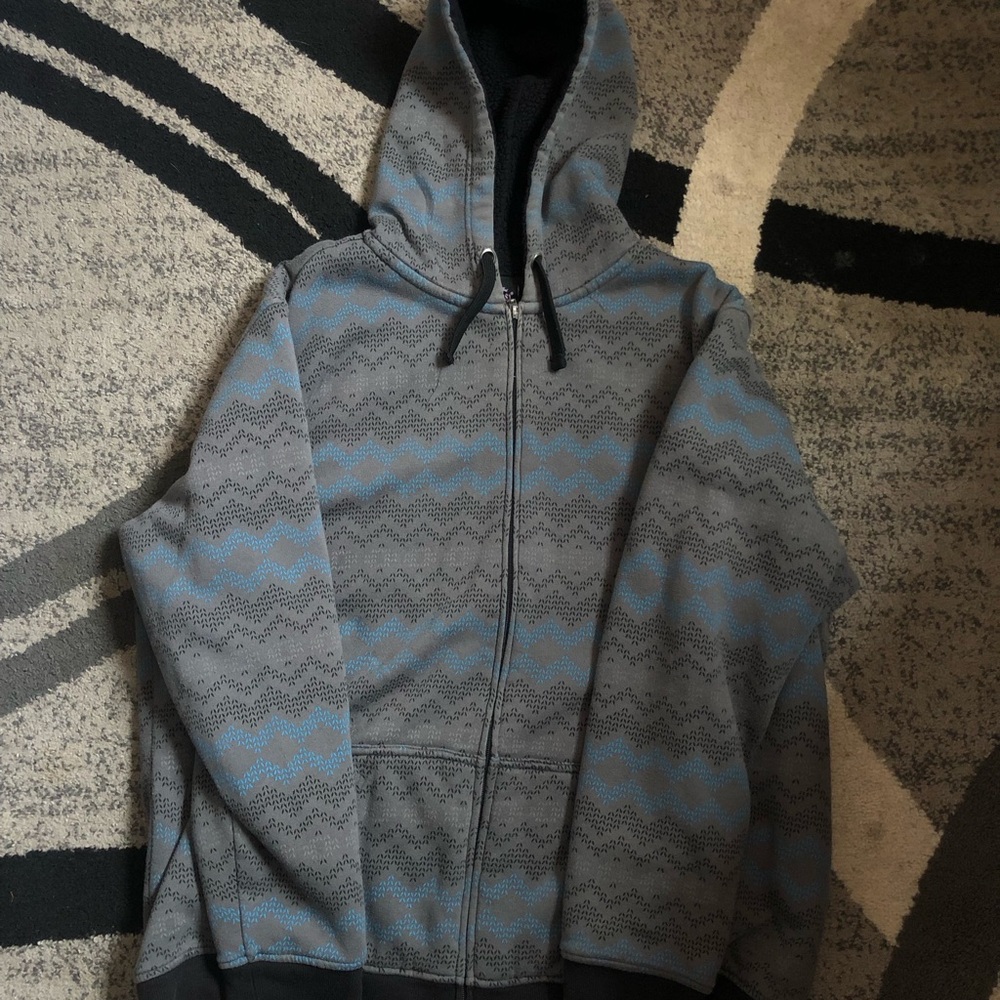 Men's Gray Zip-Up Hoodie with Blue Wave Pattern